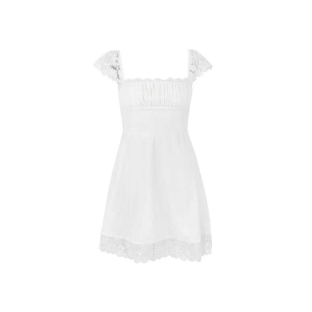 Women's Fashion Wear Lace Square Collar Suspender Slim Fit Backless White Dress