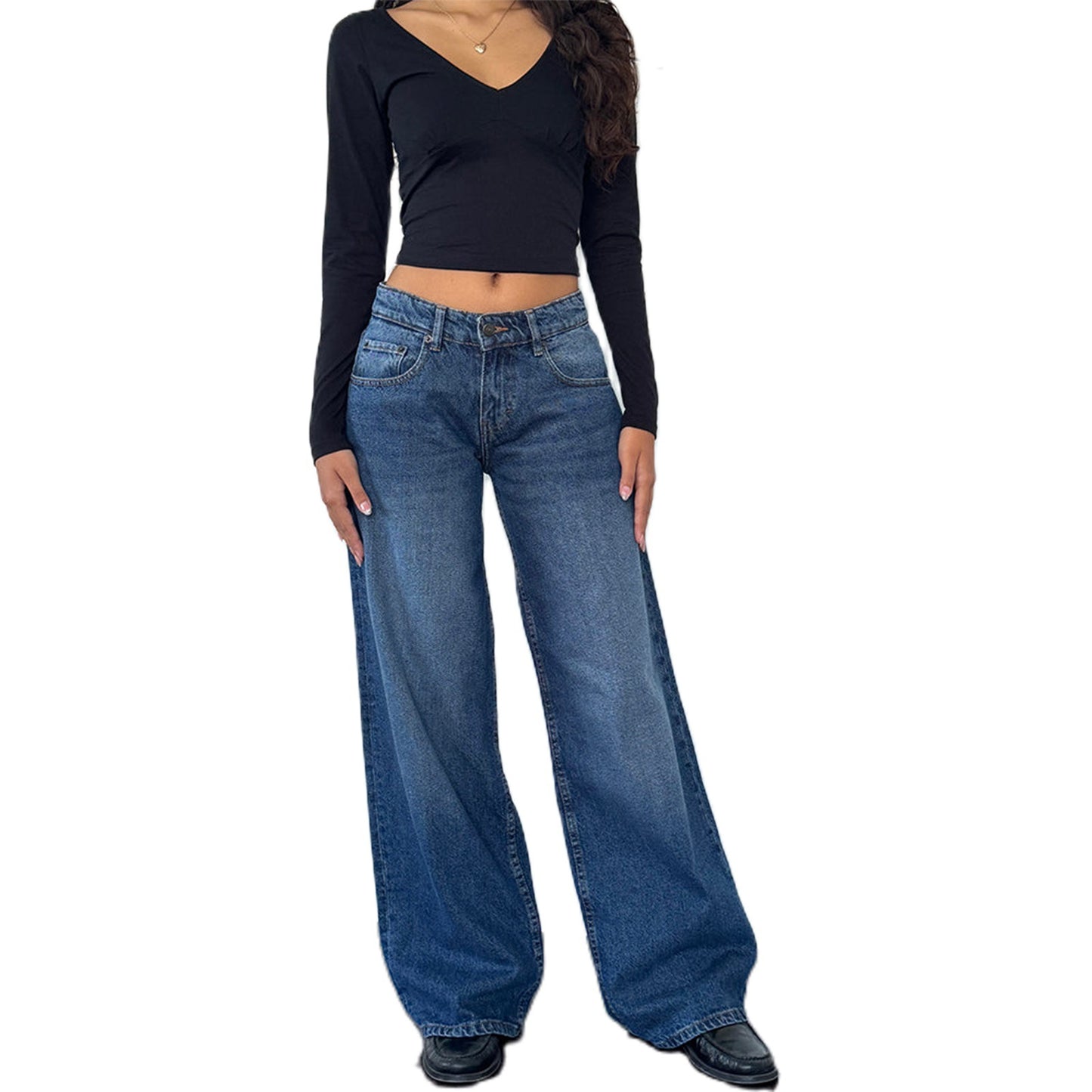 Women's Retro Low Waist Washed Straight Autumn Street Wide Leg Jeans