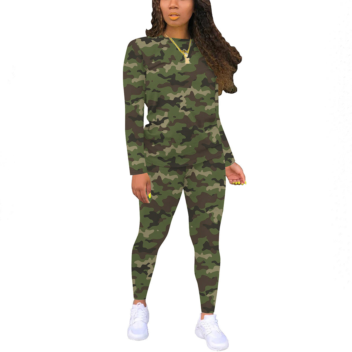 Women's Color Gradient Printing Round Neck Long Sleeve Trousers Suits
