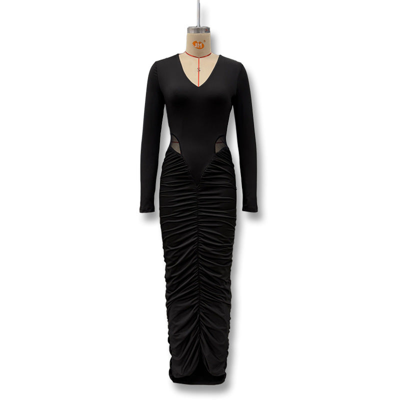 Women's Solid Color Deep V Sexy Midriff Outfit Pleated Waist Tight Dress