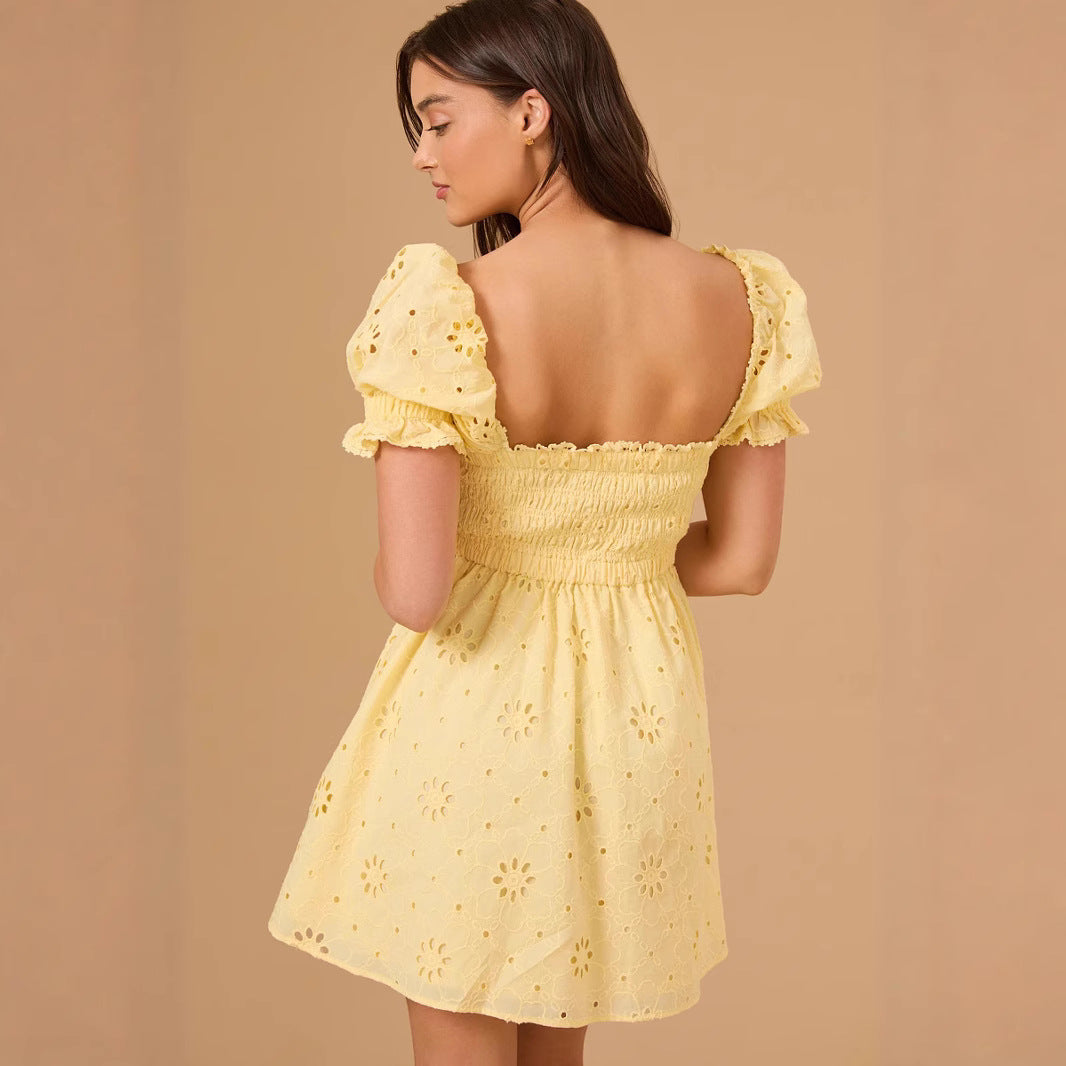 French Sweet Embroidery Square Collar Vacation Dress