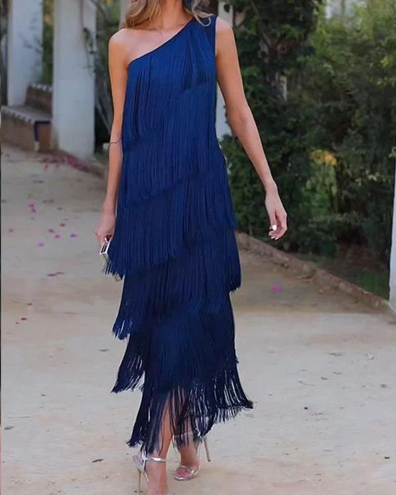 Trendy Fashion Tassel Shoulder Asymmetric Dress Dresses