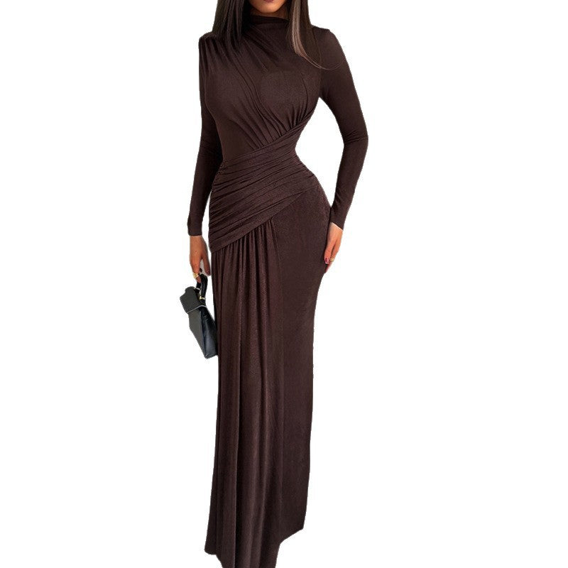 Winter Fashion Solid Color Round Neck Long Sleeve Pleated Elegant Dress