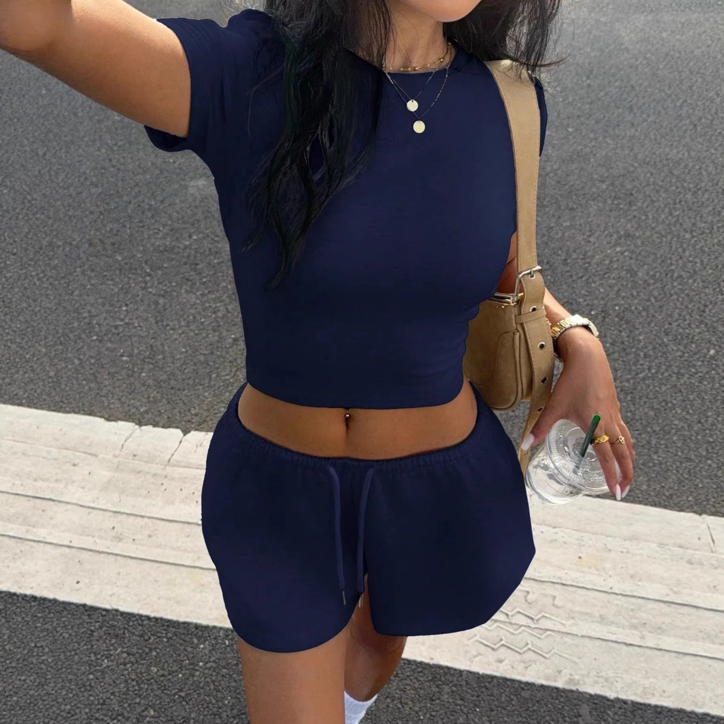 Women's Slim Fit Waist Cropped Short-sleeved Drawstring Fashion Casual Suit
