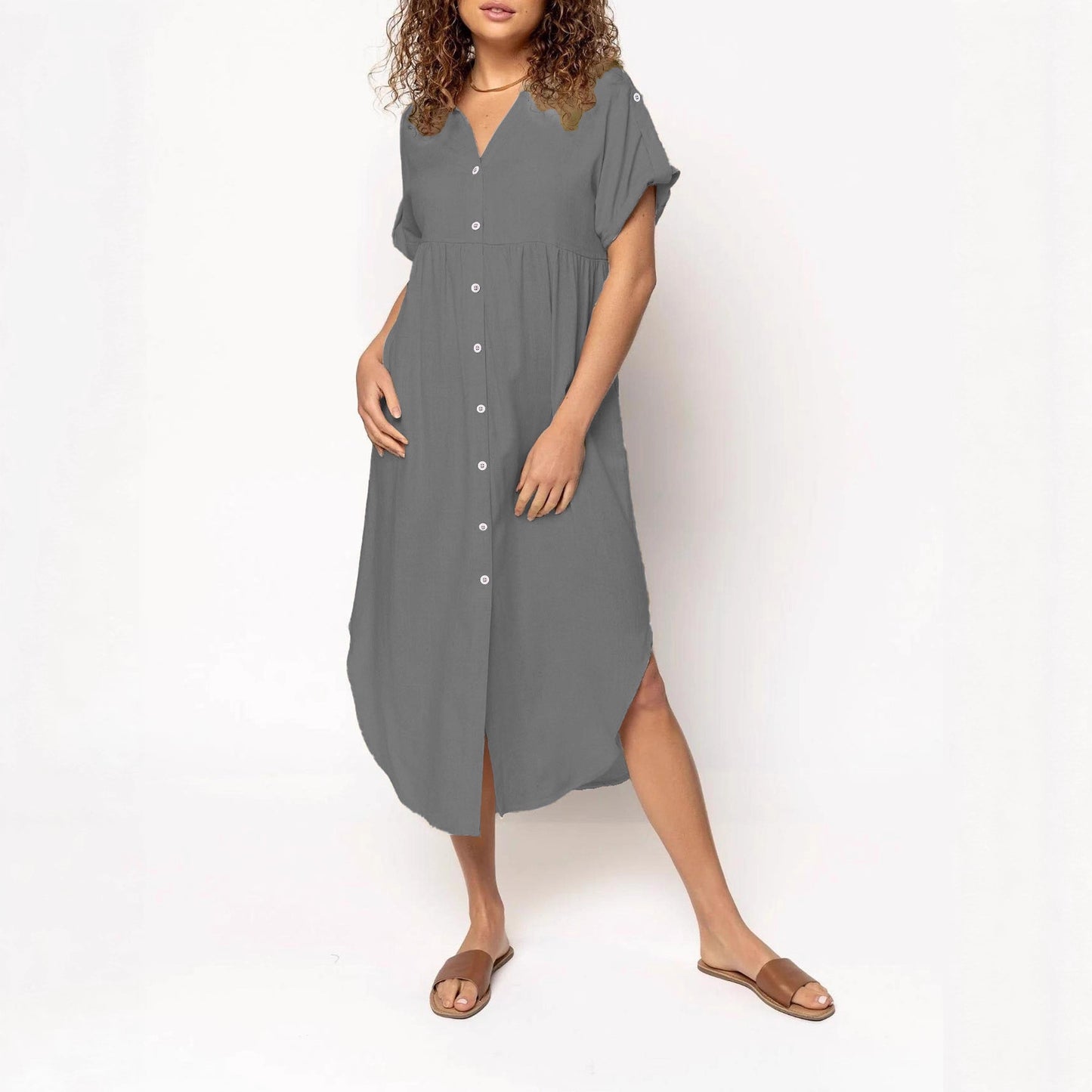 Loose Temperament Casual Solid Color Buttons Dress