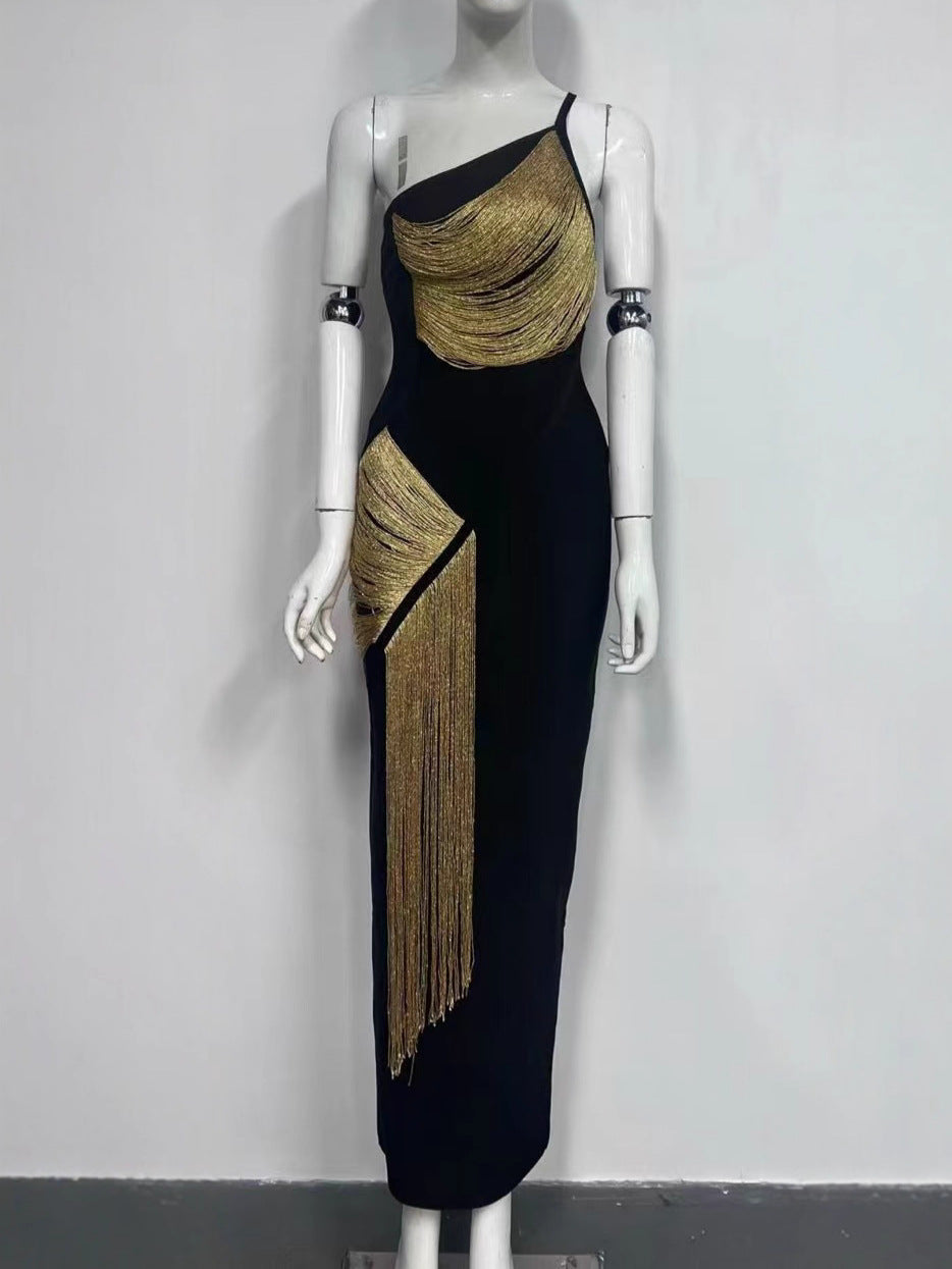 Women's Black Slant Shoulder Bandage One-piece Sleeveless Dress