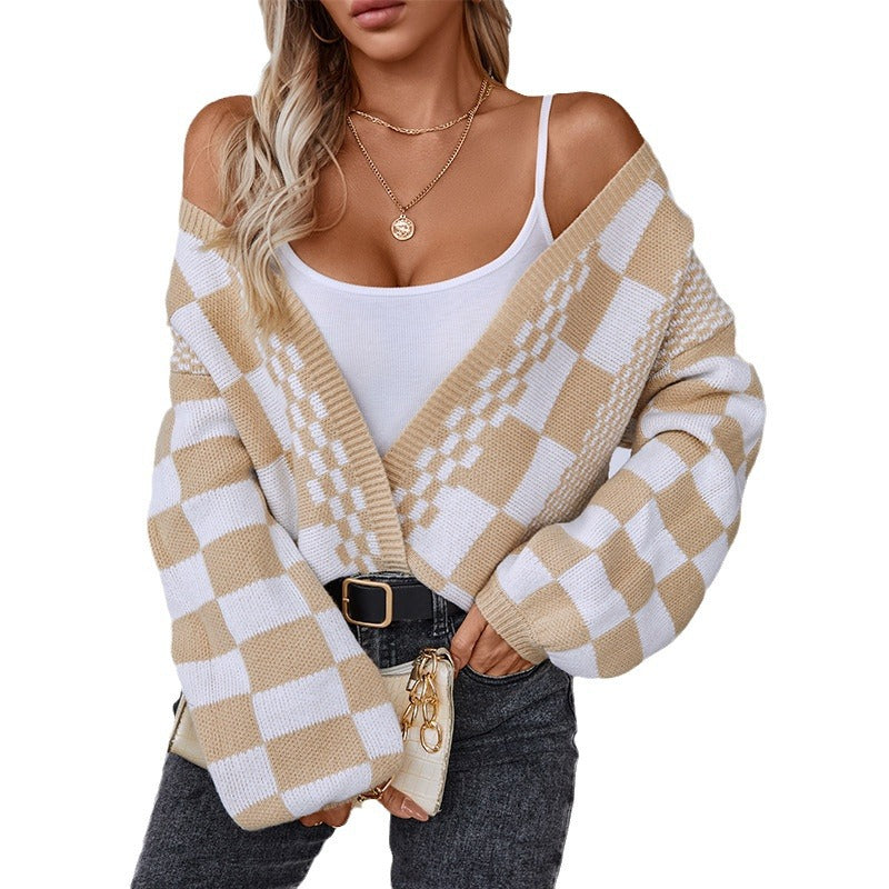 Women's Contrast Color Check Casual Loose Lantern Sleeve Sweaters