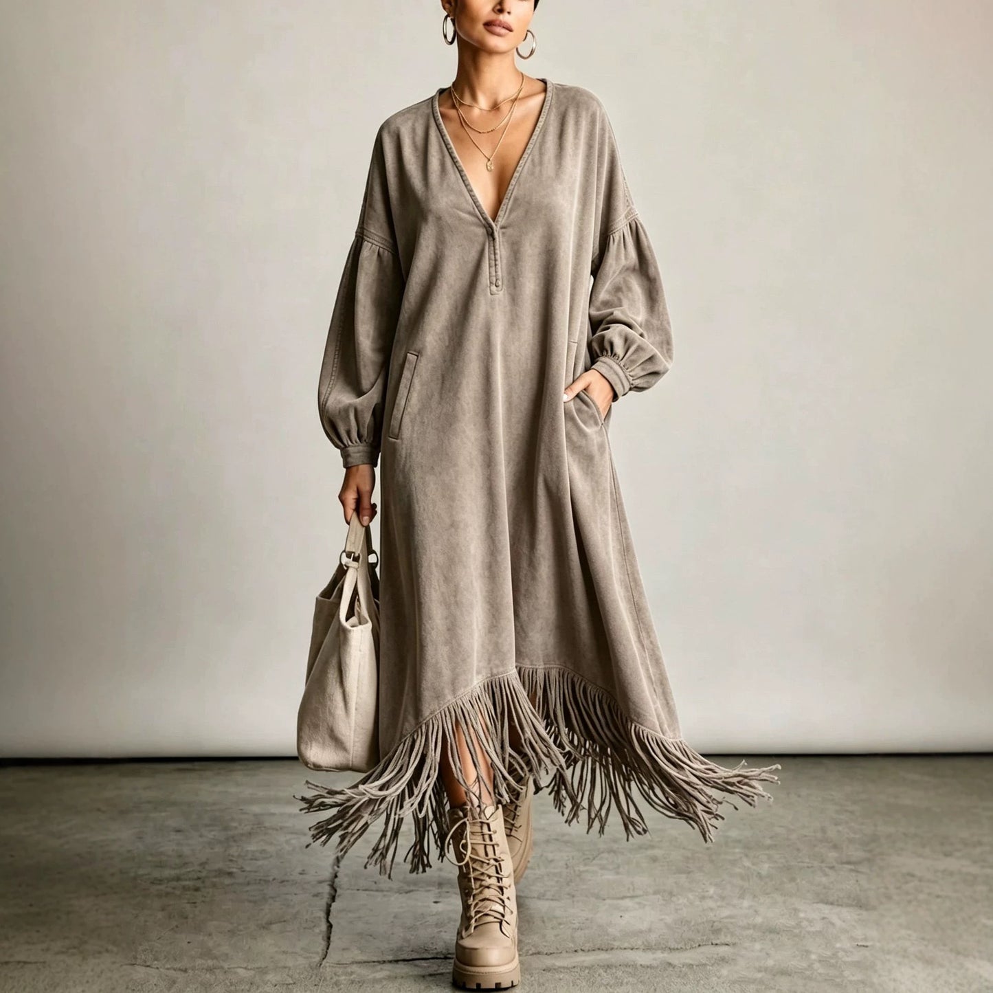 Suede Tassel Large Solid Color Elegant Outdoor Dress