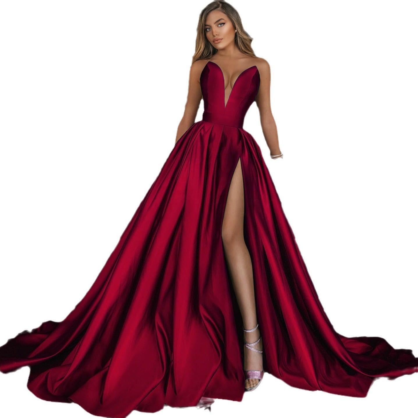Women's Sexy Deep V Slit Dress Solid Color Wedding Dresses