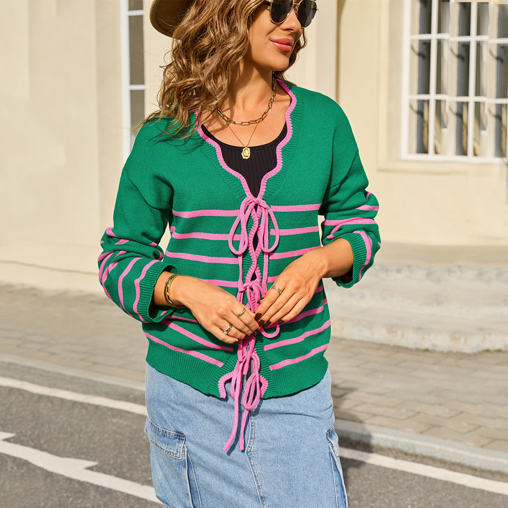 Women's Lace Striped Loose Multicolor Slimming Contrast Knitwear