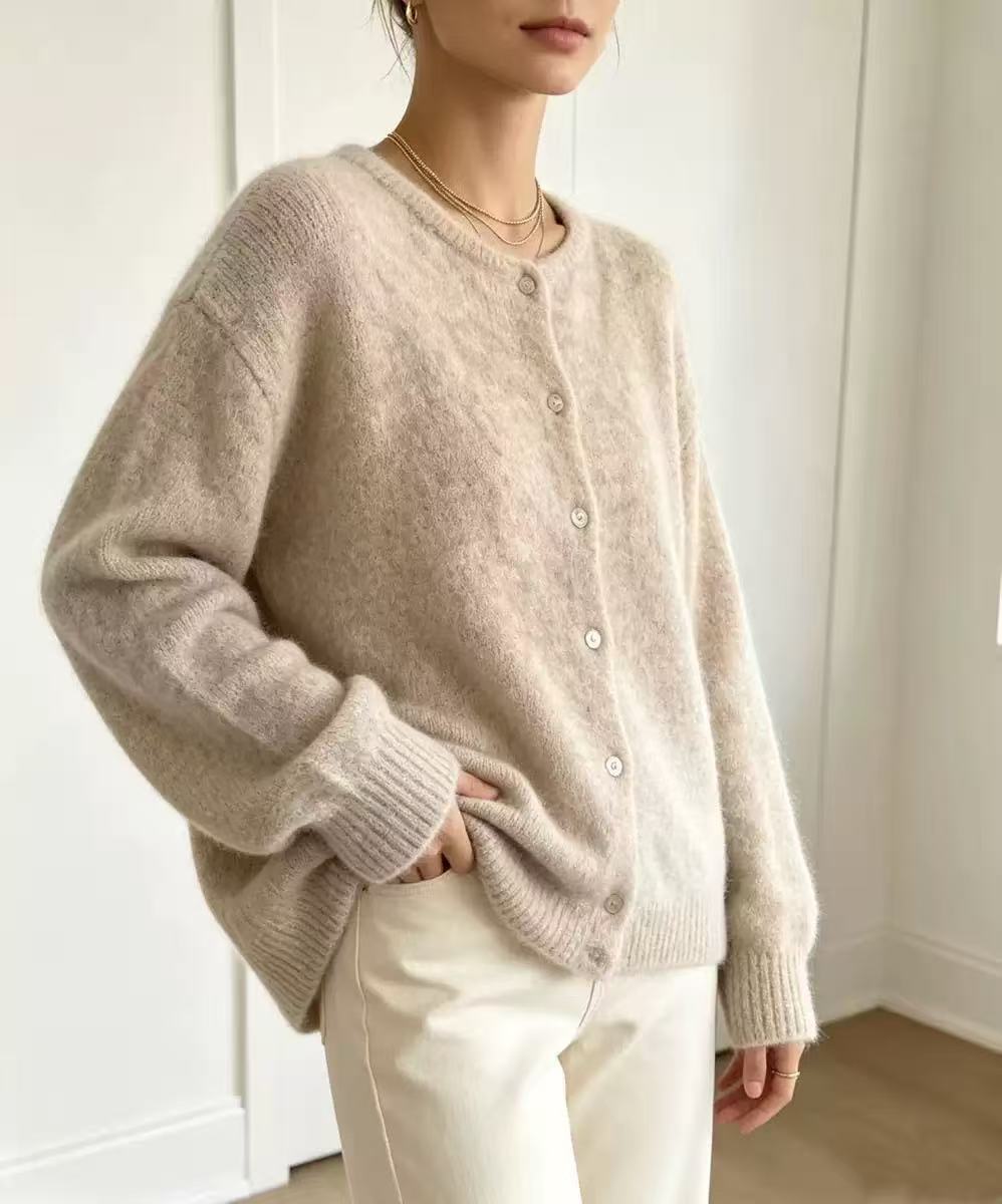 Women's Single-breasted Round Neck Soft Solid Color Furry Women's Sweater