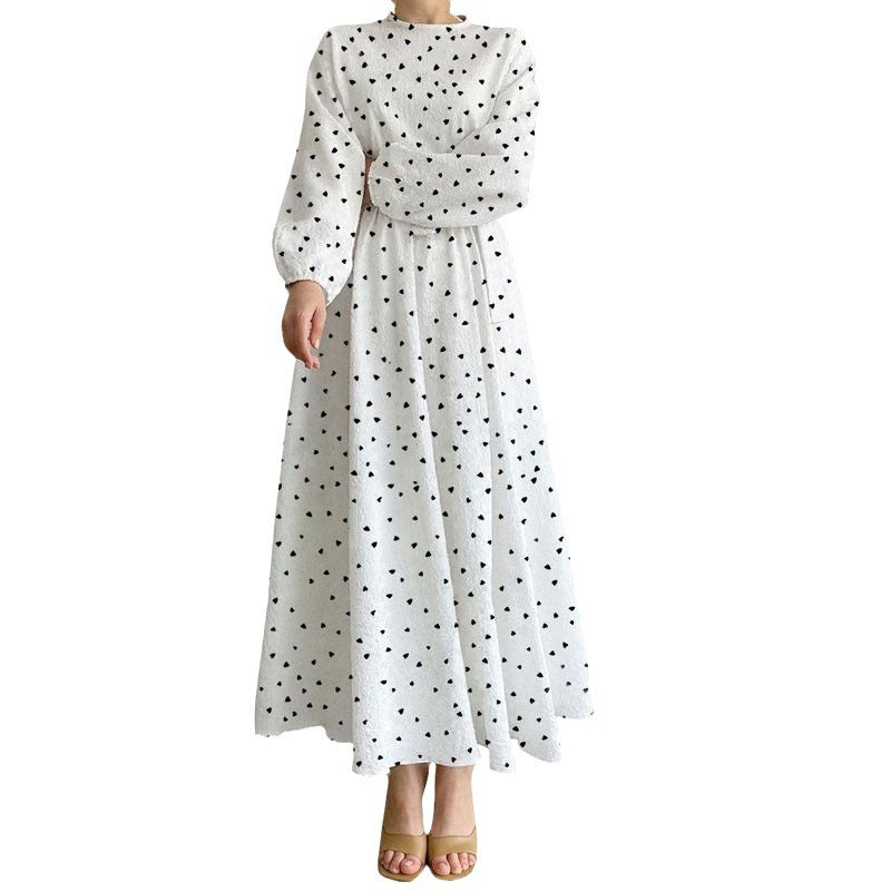 Loose Long Sleeves Round Neck Heart Shape Printed Dress