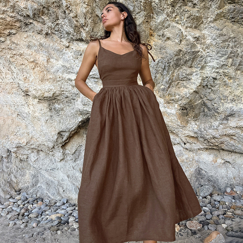 Women's French Style Khaki Cotton Linen Breathable Strap Dresses