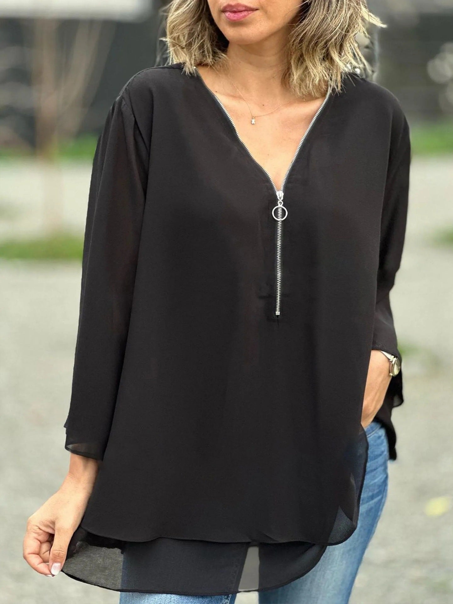 Sleeves Casual Chiffon Metal Zipper Loose Tops