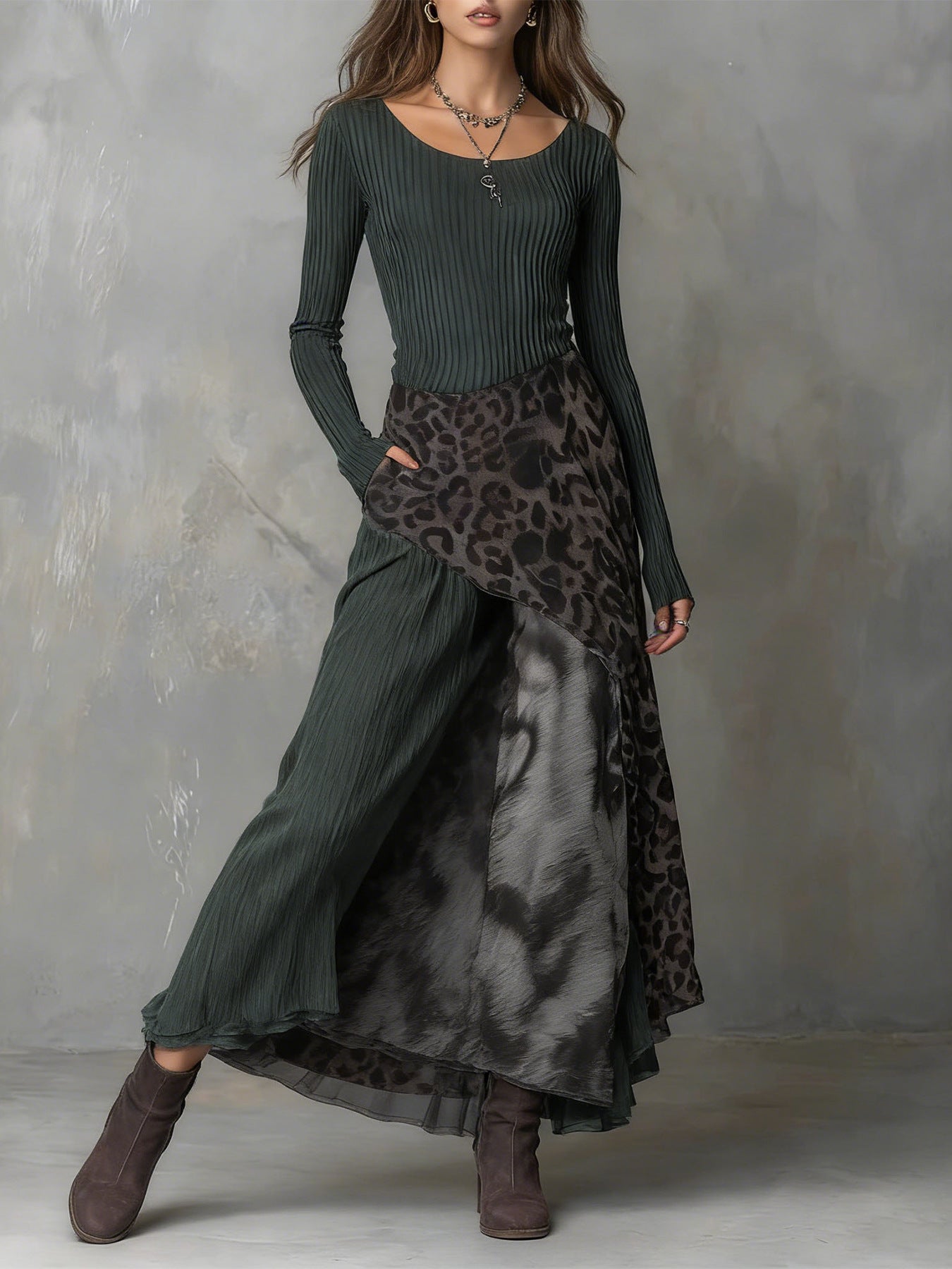 Leopard Print Elastic Waist Large Swing Dress