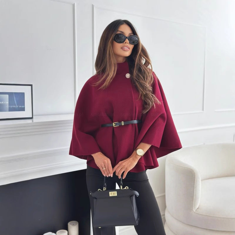Women's Solid Color Waist Tight Strap Woolen Coats