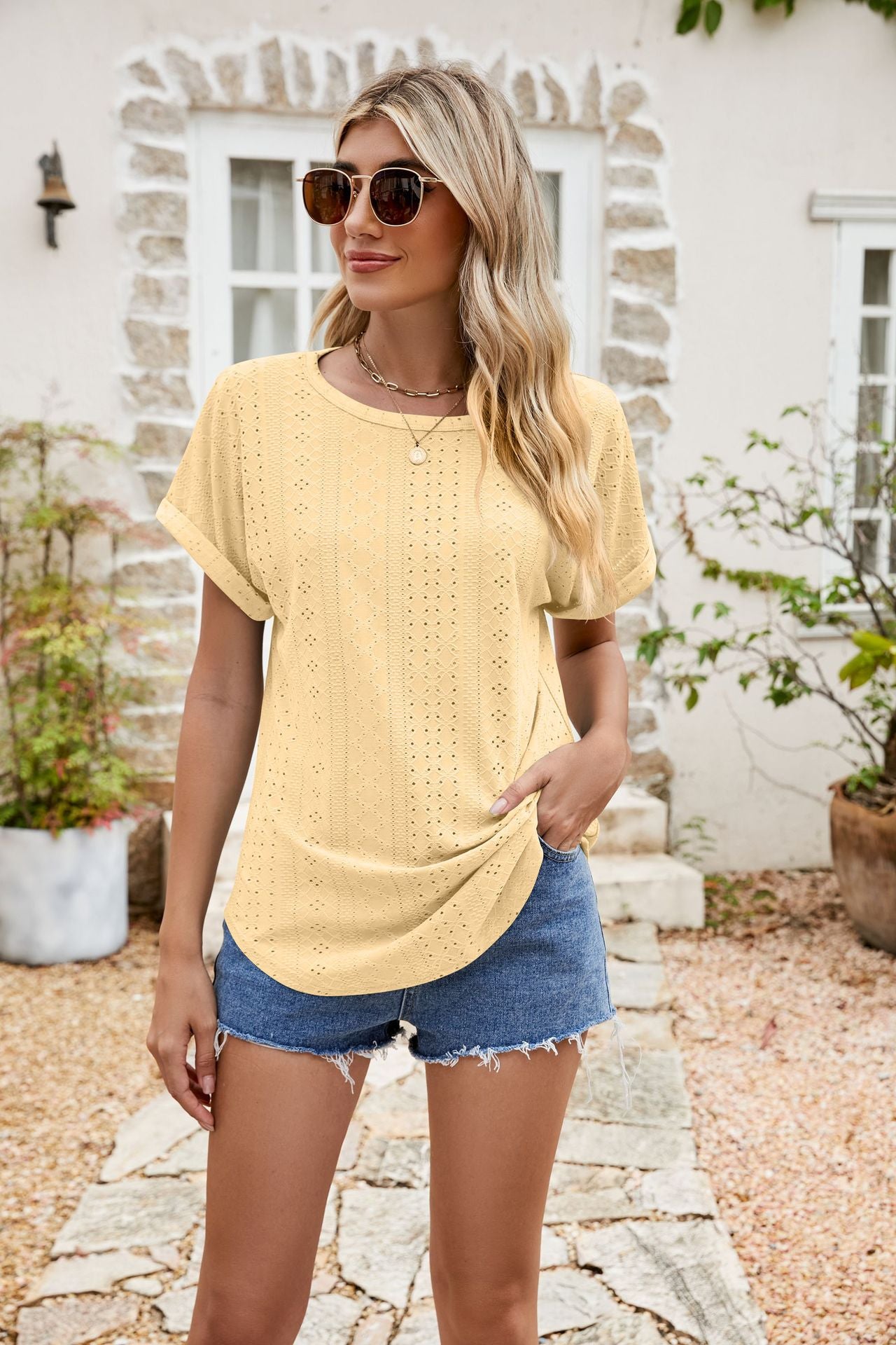 Women's Summer Hole Round Neck Sleeve Eyelet Blouses