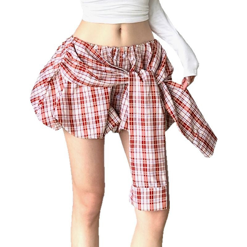 Women's Sleeves Plaid Bud Hip Hop Niche Personality Low Skirts