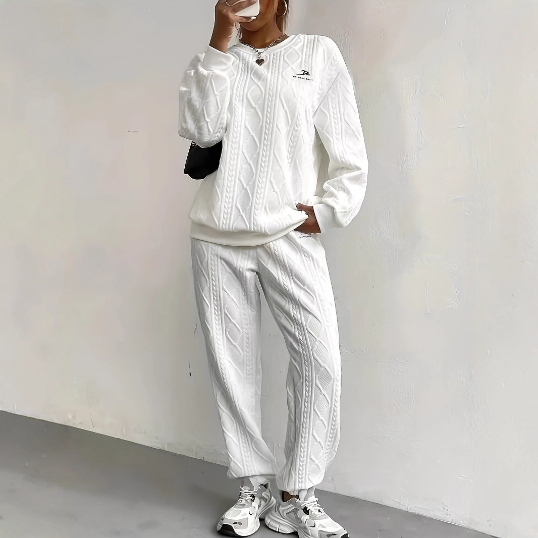 Women's Twist Stitching Long Sleeve Round Neck Trousers Two-piece Fashion Casual Suit