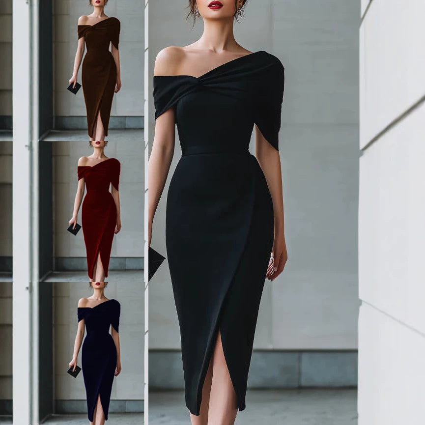 Women's Summer Solid Color Elegant Commuter Waist Dress