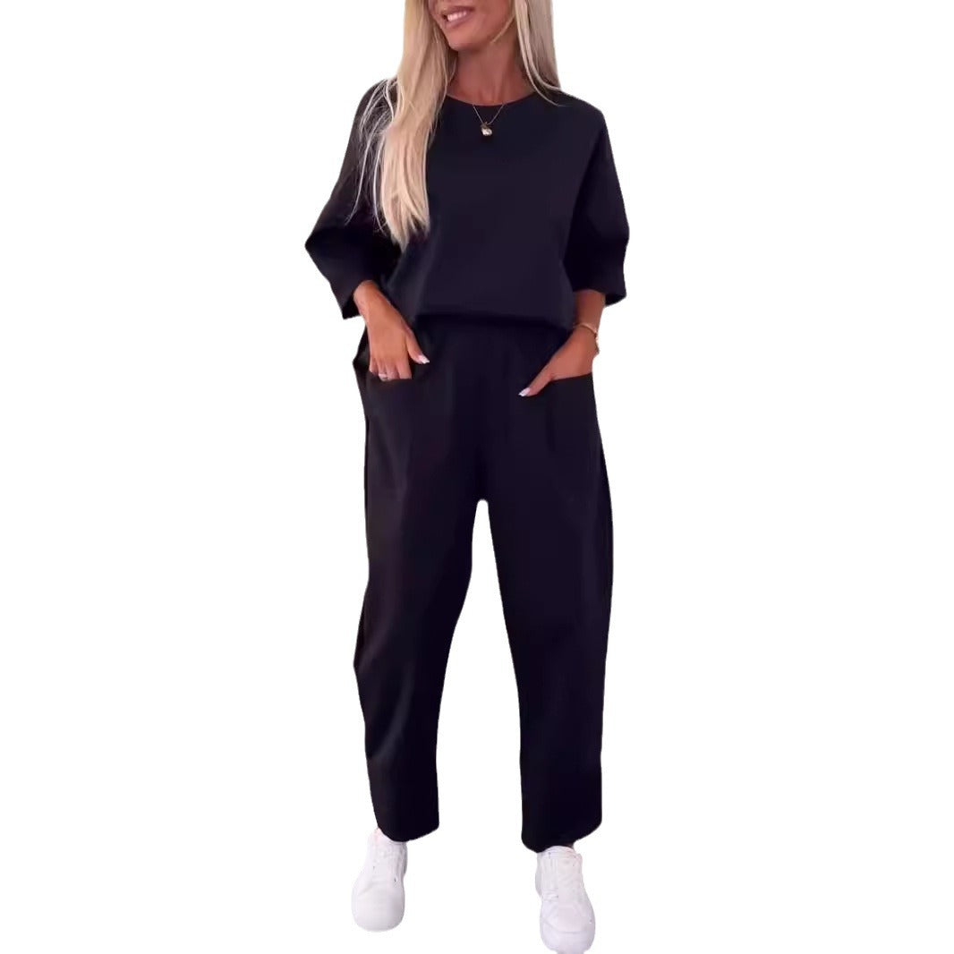 Women's Autumn Loose Two-piece Solid Color Round Neck Cropped Fashion Casual Suit