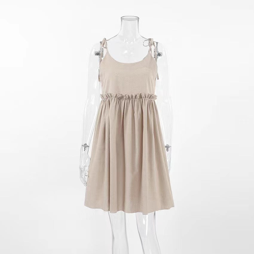 Solid Color Texture Slip Pleating Loose Leisure Dress