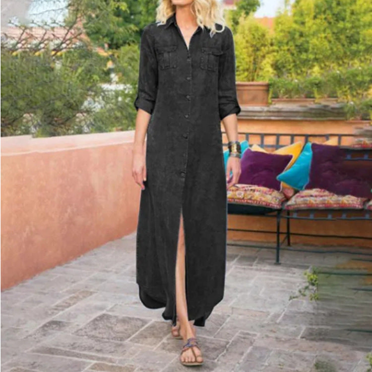 Women's Summer Loose Solid Color Casual Single-breasted Dresses