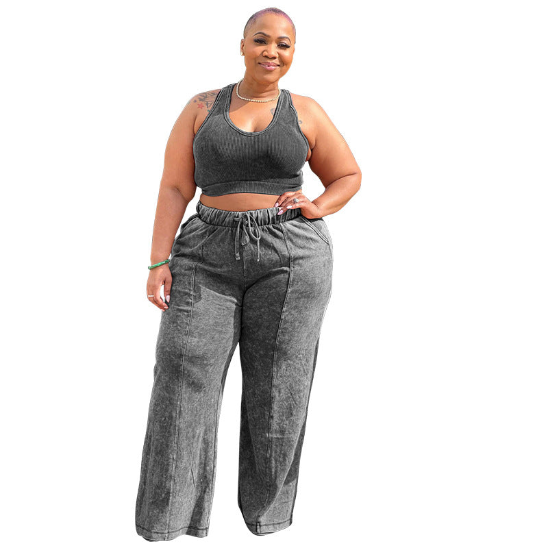 Women's Sleeveless Midriff Outfit Elastic Waist Wide Suits