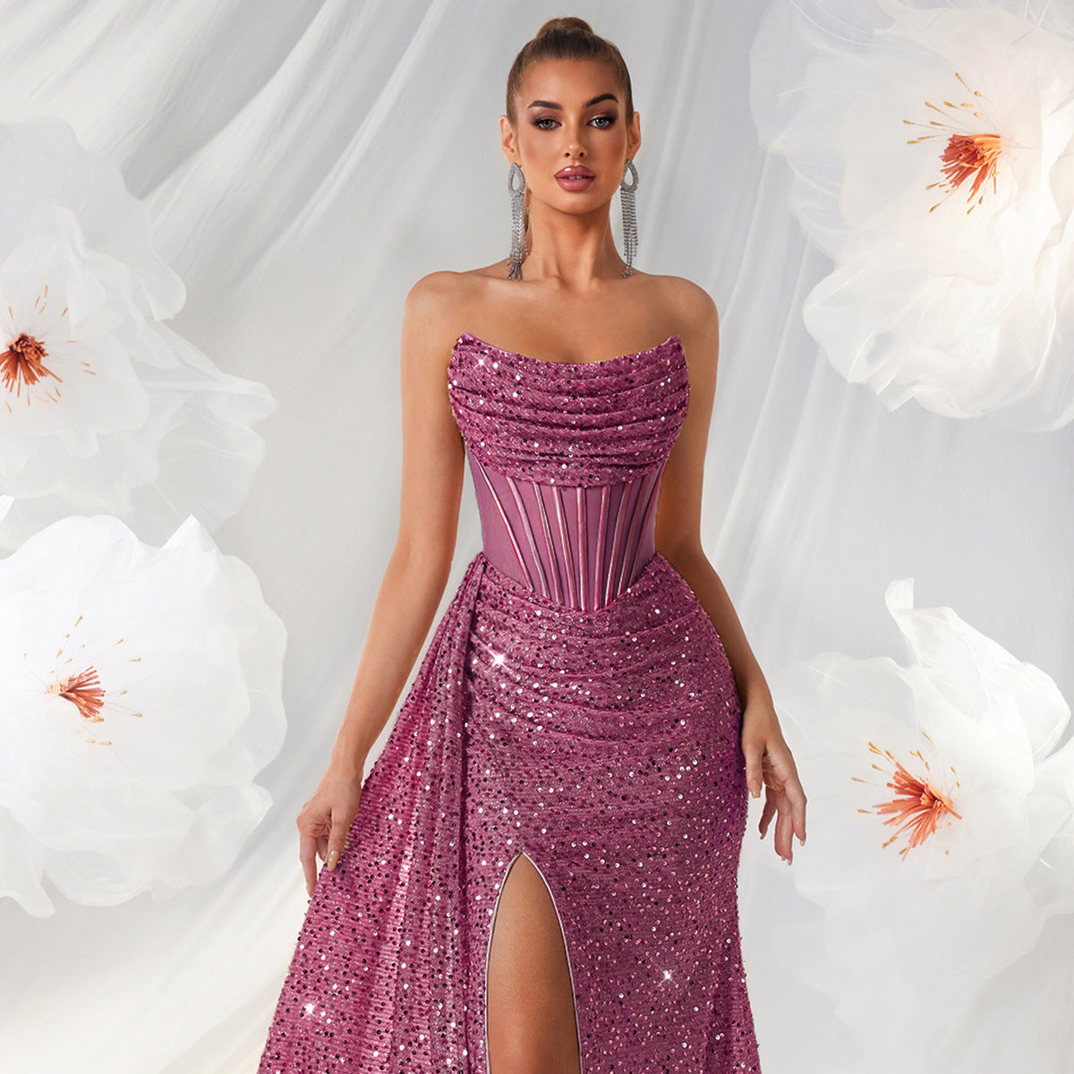 Sequined Bandeau Slimming High Slit Model Catwalk Banquet Light Dress