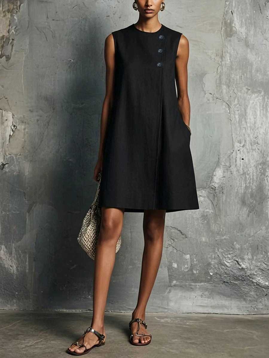 Women's Blended Round Neck Asymmetric Button Side Dress