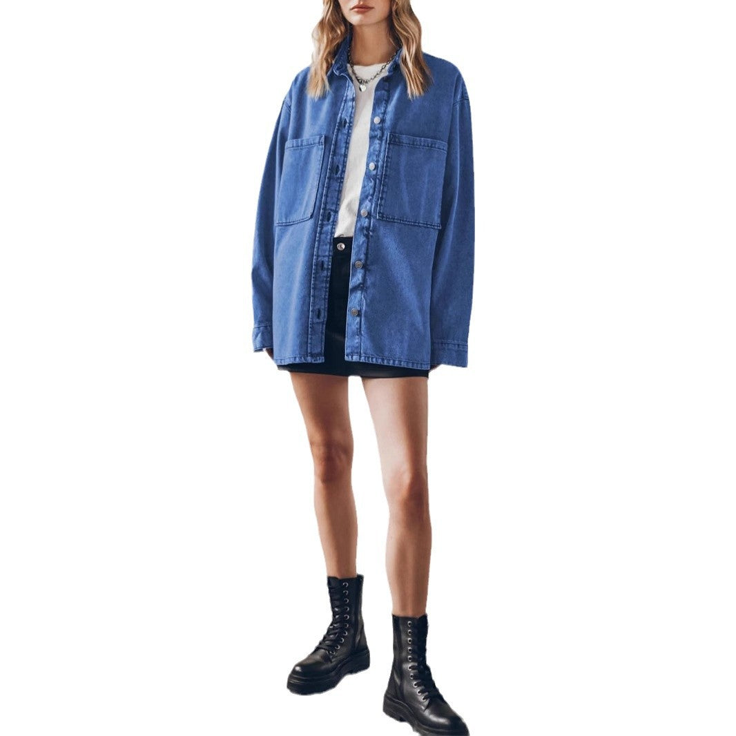 Women's Retro Style Lapel Denim Blue Large Pocket Loose Blouses