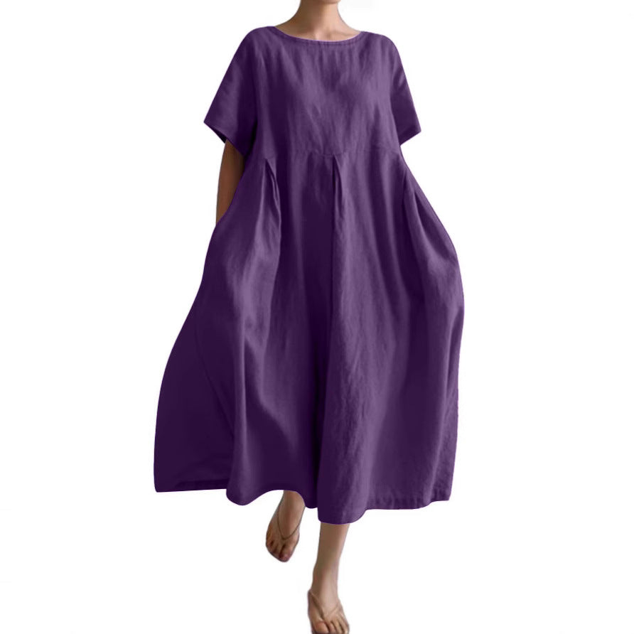 Women's Cotton Linen Loose Round Neck Fashion Dress