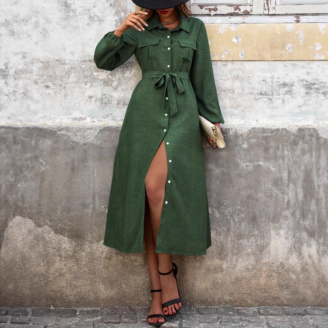 Women's Autumn Turn-down Collar Green Long Sleeve Solid Dresses