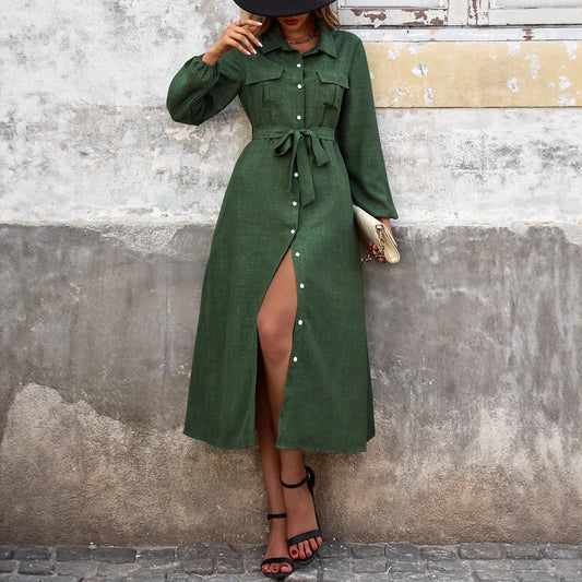 Women's Autumn Turn-down Collar Green Long Sleeve Solid Dresses