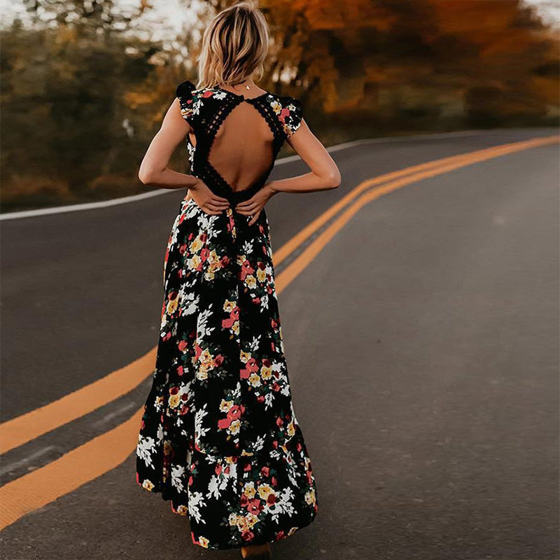 Women's Sleeveless Printed Floral Large Swing Irregular Dovetail Dress