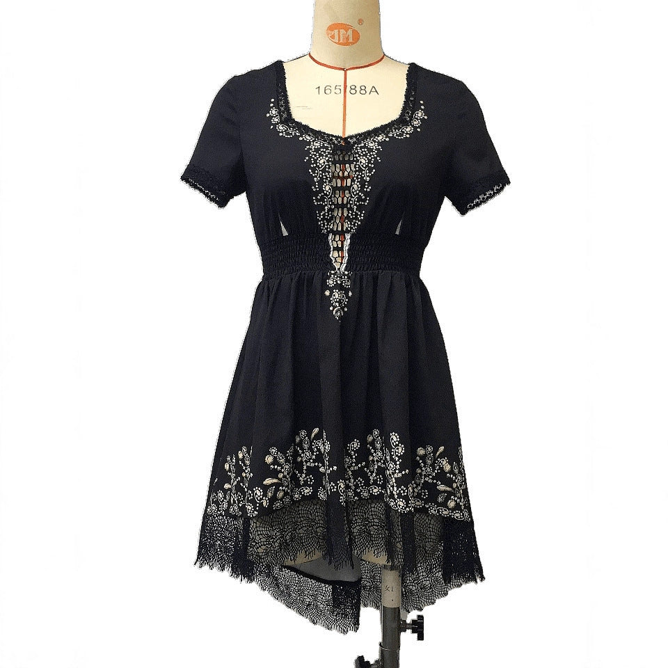 European Western Denim Vintage Floral Irregular Hem Dresses