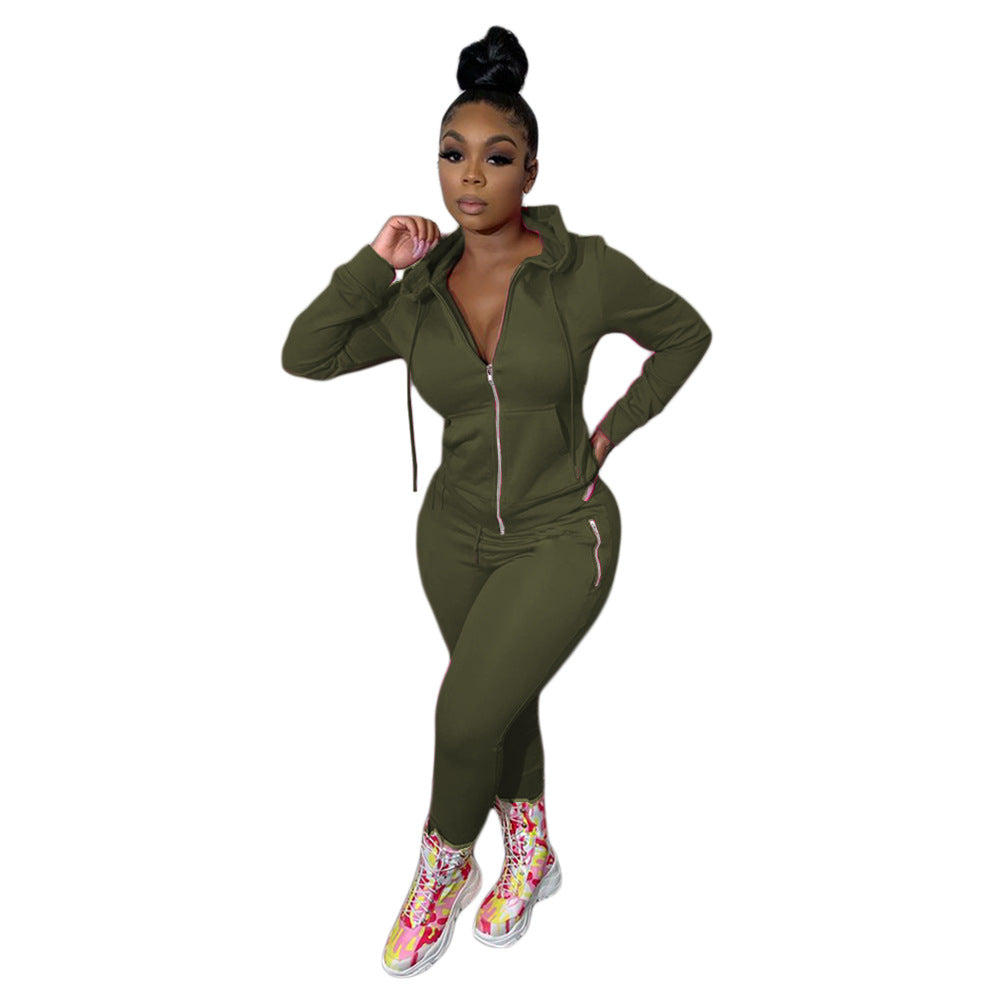 Women's Autumn Solid Color Personality Zipper Two-piece Suits