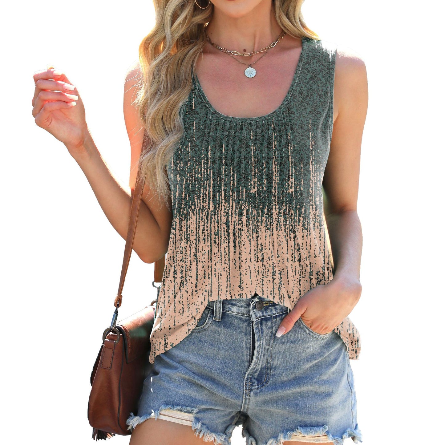 Women's Round Neck Printed Loose Sleeveless T-shirt Blouses
