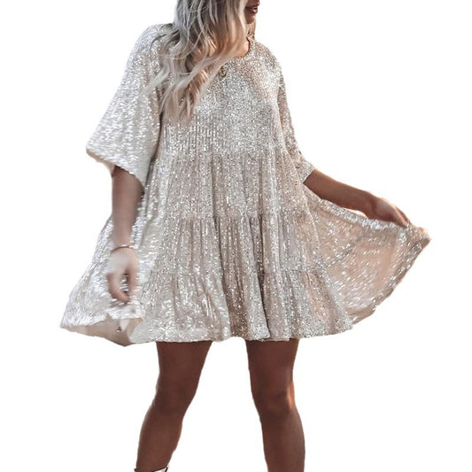 Women's Spring Clothes High-grade Fashionable Sequins Round Neck Loose Waist Dresses