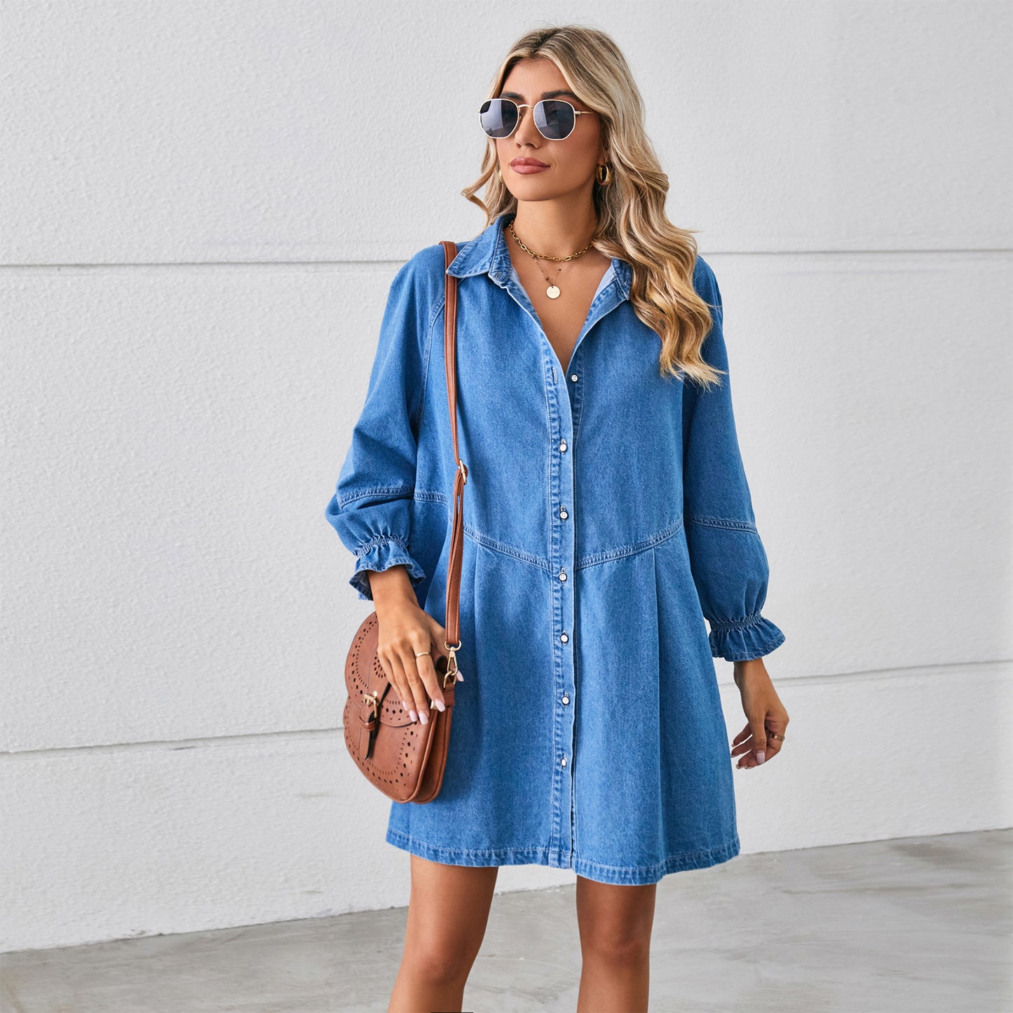 Women's Loose Washed-out Long Sleeve Stitching Denim Dresses