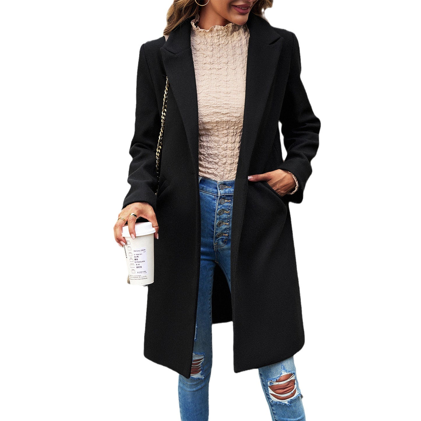 Slouchy Woolen Solid Color Temperament Commute Coats
