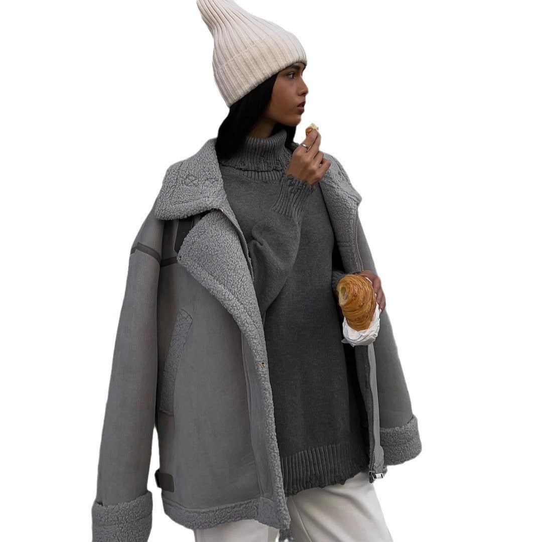 Lamb Wool Design Stitching Street Locomotive Coats