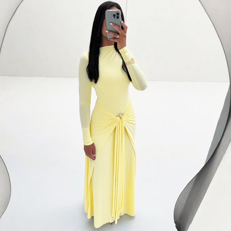 Women's Temperament Pure Color Elegant Long Sleeve Metal Ring Buckle Lace Dress