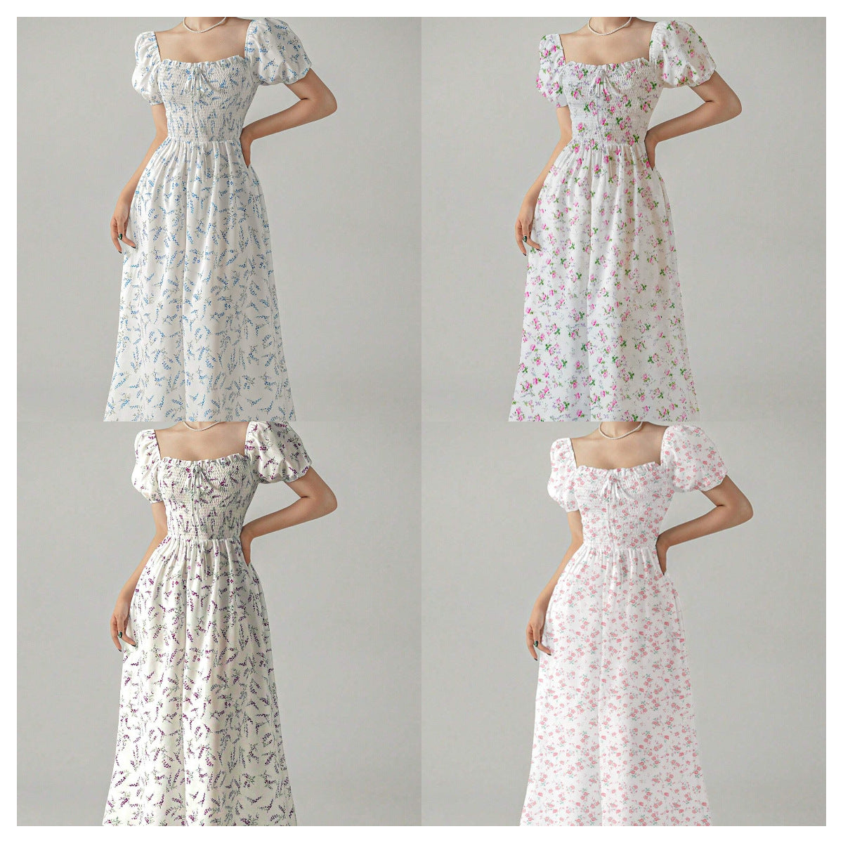 Square Collar Puff Sleeve Printed Elegant Dress