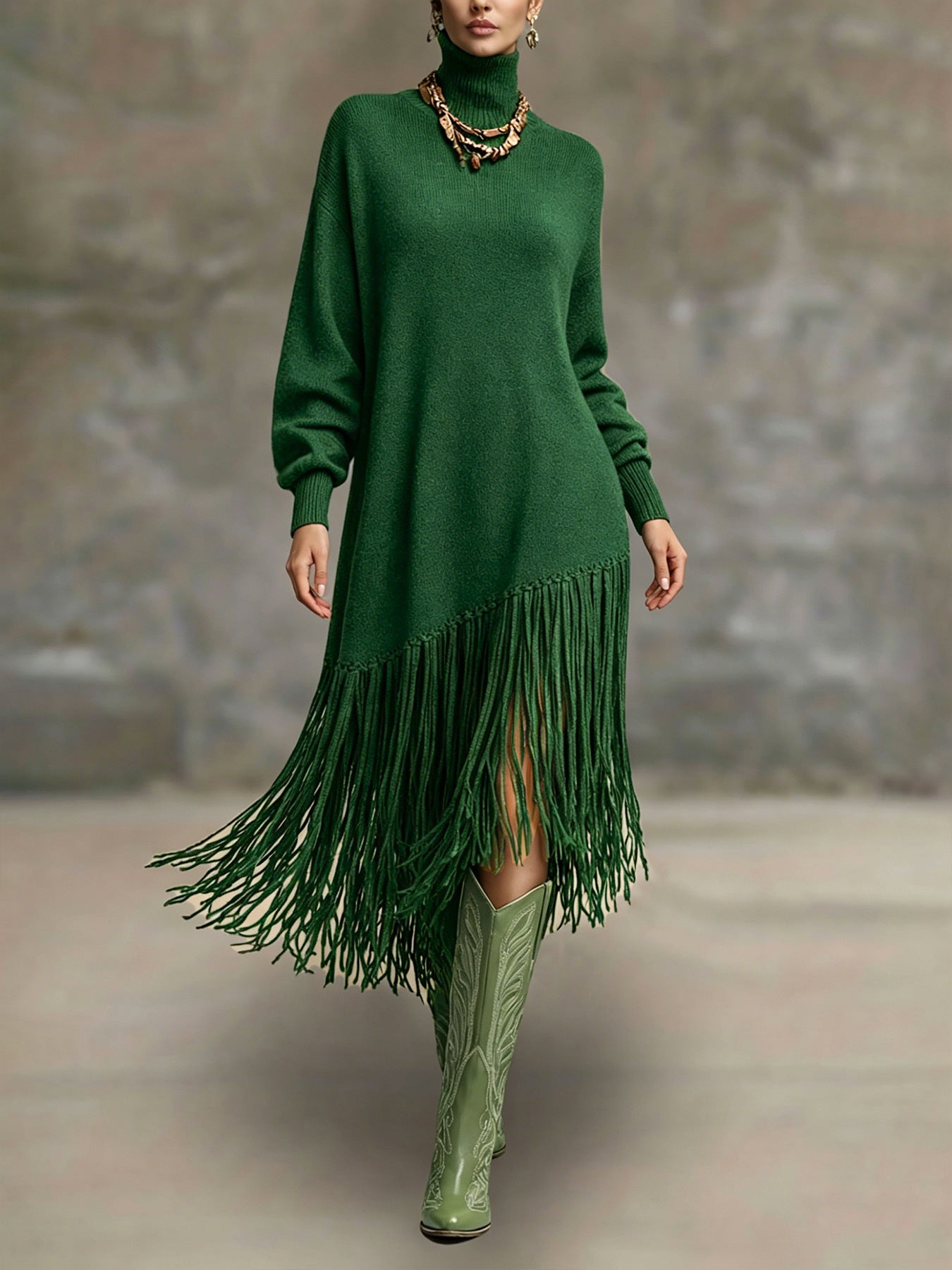 Women's Bohemian Long Fringe Design Solid Color Mature Dress