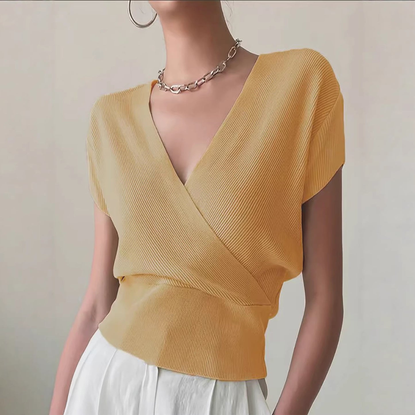 Women's Color With Cross Collar On Both Sides Easy Matching Waisted Women's Sweater