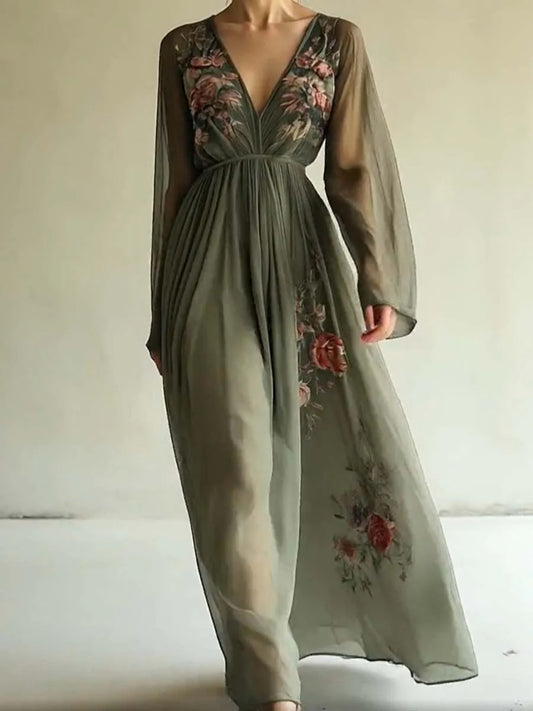 Women's Digital Positioning Printed Long-sleeved Dress Long Dresses