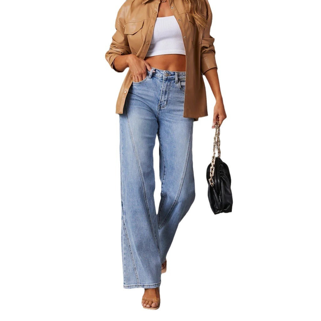 Women's Wide Leg Loose Stitching Trousers Street Jeans