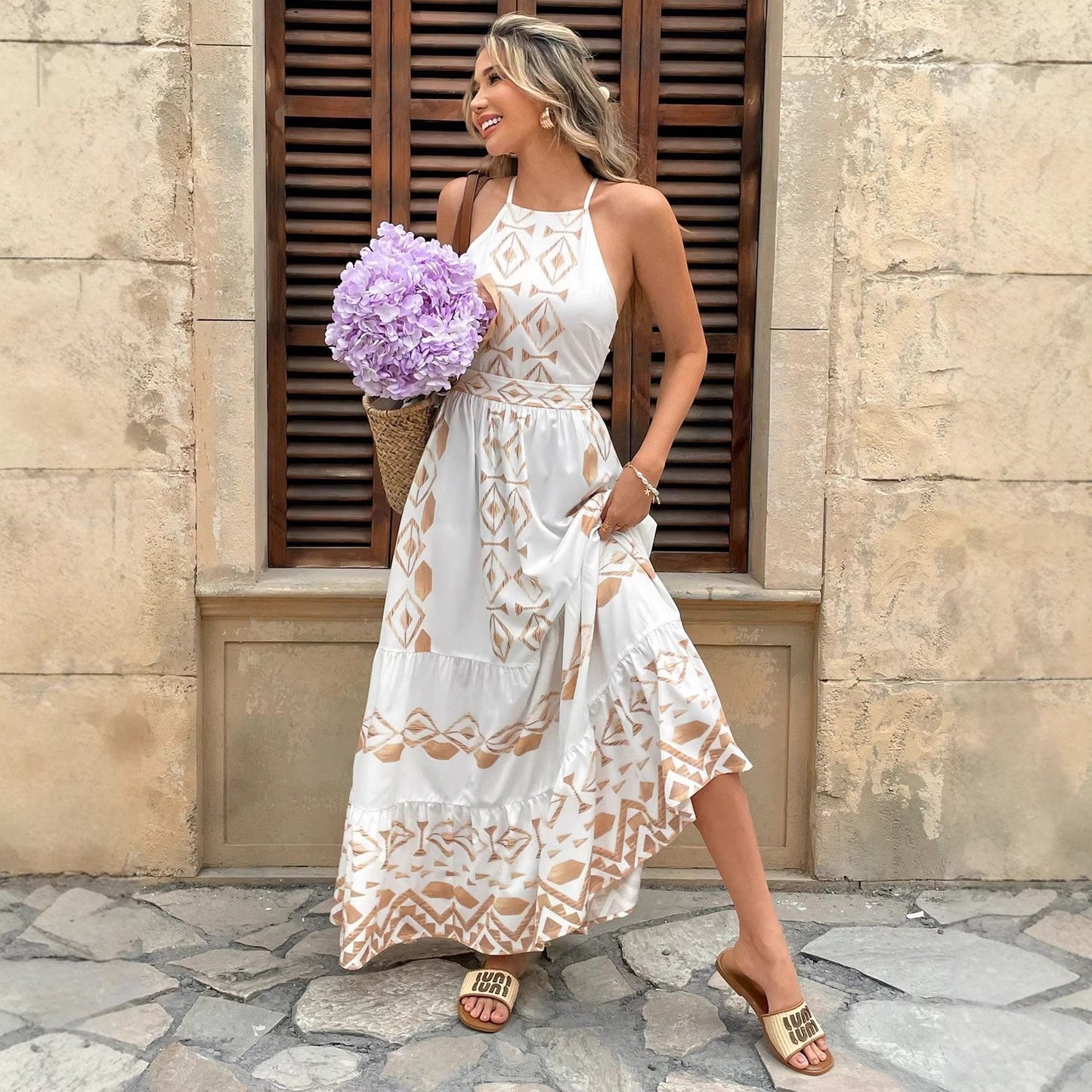 Suspender Waist White Temperament Vacation Style Dress