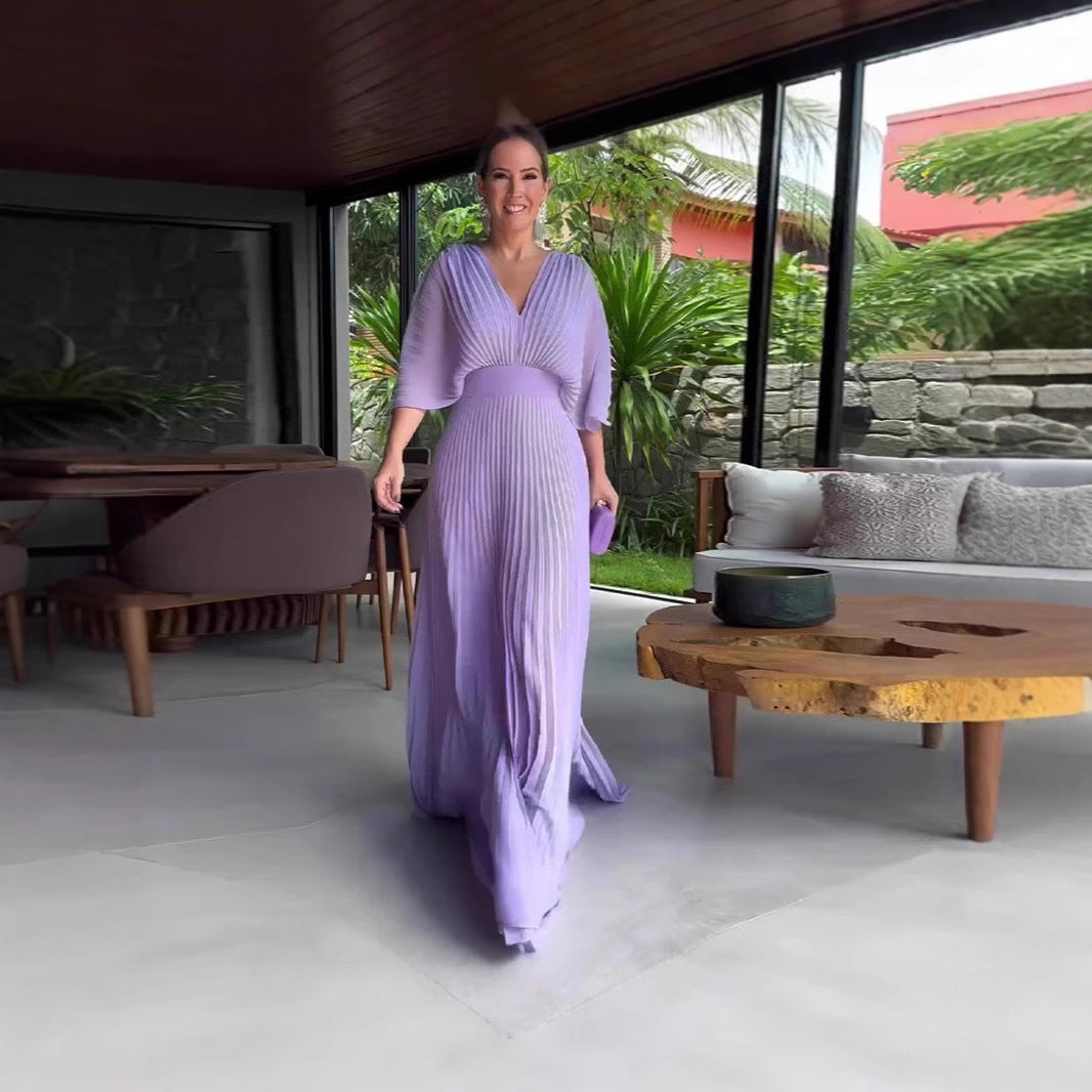 Solid Color Batwing Sleeve High Waist Dresses